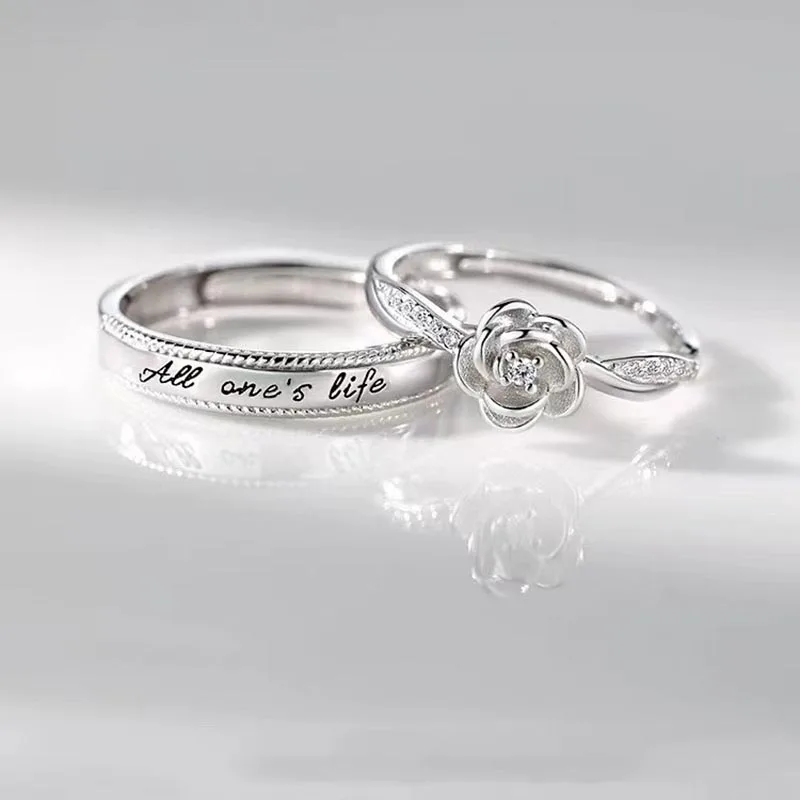 2pcs Romantic Zircon Rose and Prince Couple Rings for Man Woman Copper Metal Adjustable Paired Ring Valentine’s Day Jewelry
