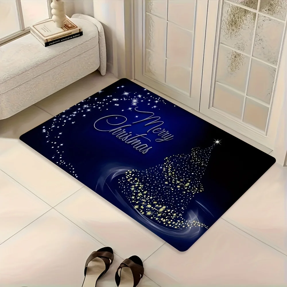 1pc 2D Flat Christmas Rug, Dark Blue Sparkling Christmas Tree Merry Christmas Print, Machine Washable, Soft, for Entryway