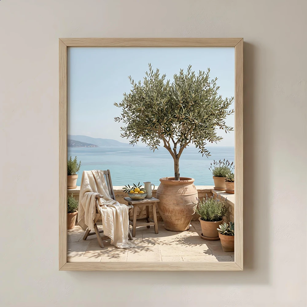 Olive tree terrace print, preserved coast Mediterranean wall arts painting, home living room, bedroom decor, no frame