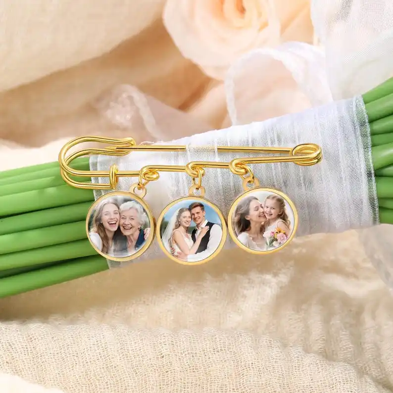 Custom Photo Lapel Pin Wedding Bouquet Charm Groom Lapel Pin Memorial Photo Pin Personalized with 1 to 3 Photos