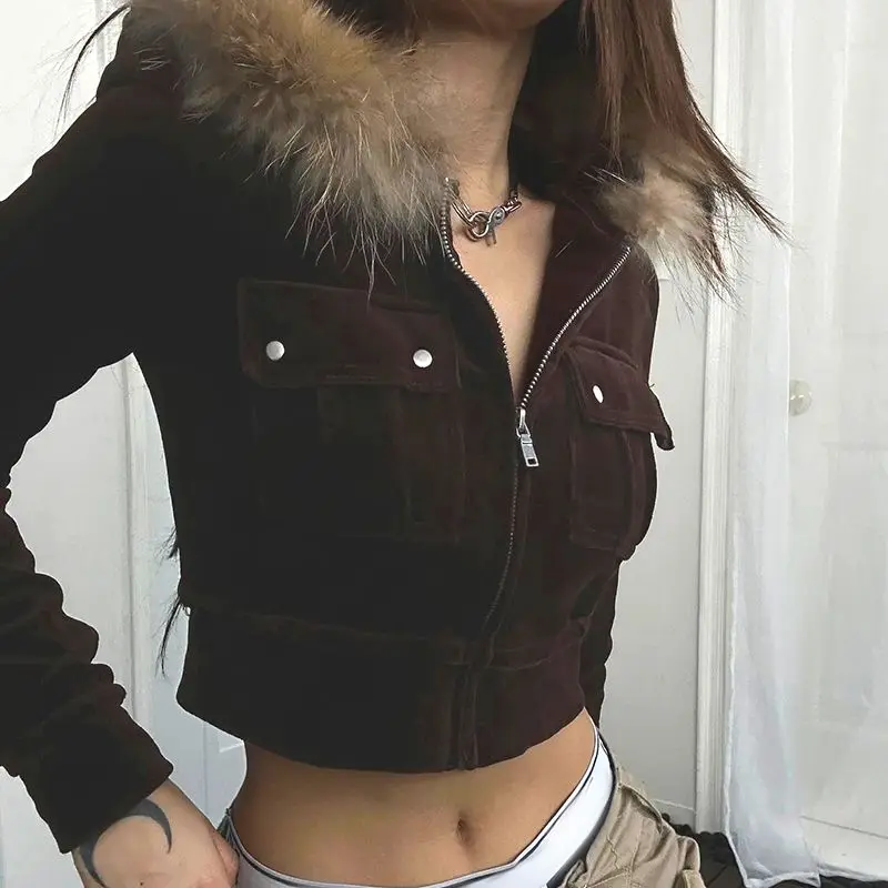 

Cropped Trendy Velvet Pocket Cargo Jacket, High-waisted Skinny Hottie Fur Hooded Sweatshirt