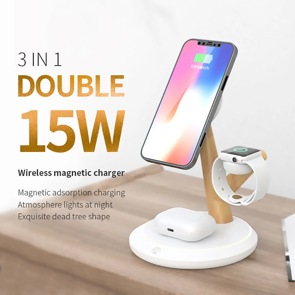 

3 in 1 Magnetic Wireless Charger for iPhone 15Pro/12/13 15W Macsafe Wireless Charging for Airpods/Apple Watch Mobile Holder