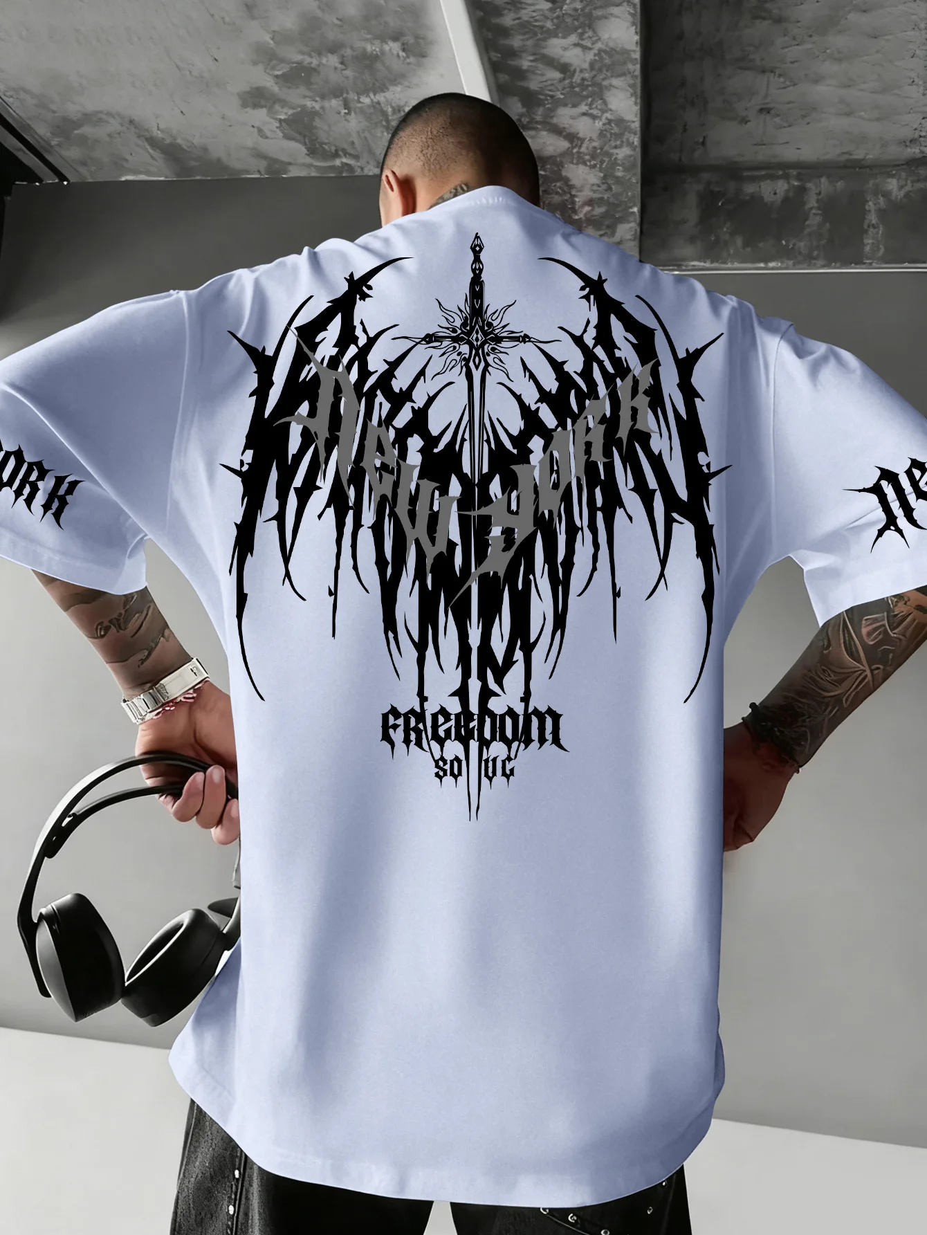 Summer Men European Style Loose T-Shirt with Dark Holy Sword Wing Pattern 100% Pure Cotton Soft Fabric Stylish and Versatile