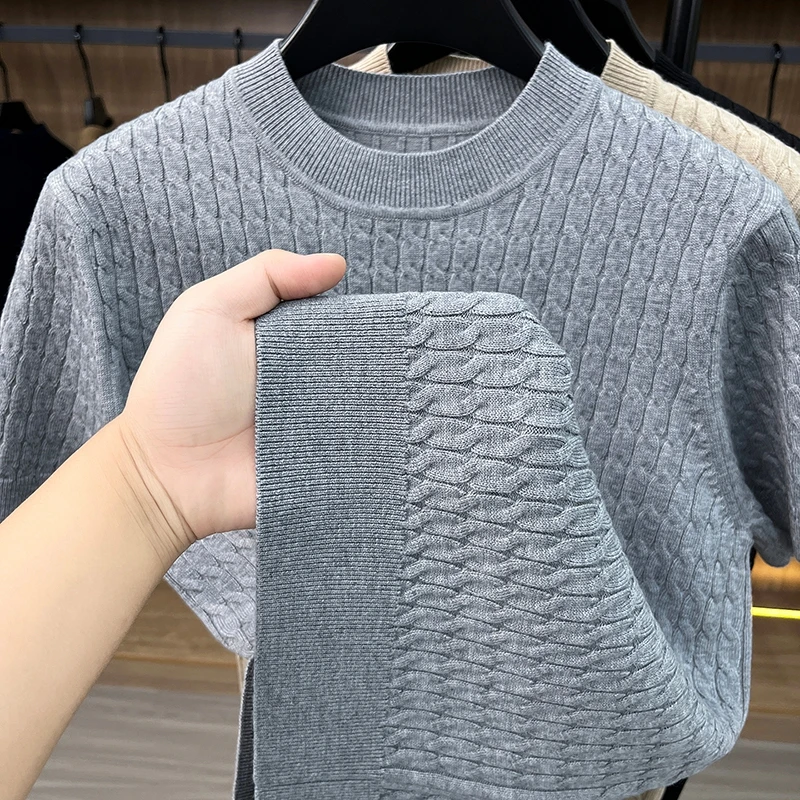Thick Retro Twsited Knitting Clothes for Men 2026 New Autumn Winter Warm Sweater Short Sleeve Tops Pullover Knitting T-shirts
