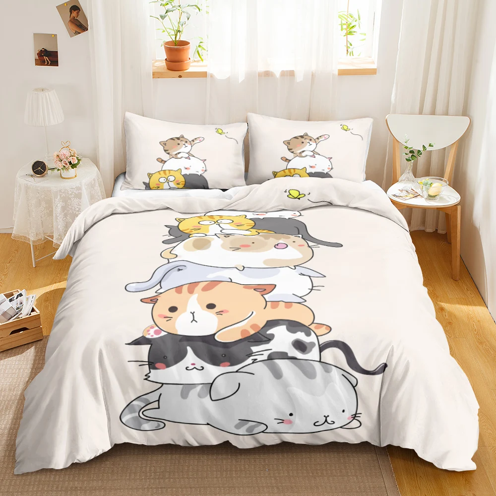 Cat Duvet Cover Set Digital Different Color Cartoon Cute Cat Bedding Set Bedclothes Double Queen King Size Polyester Qulit Cover