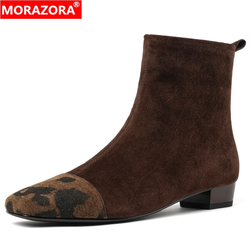 

MORAZORA 2026 New Suede Leather Boots Women Zipper Low Heels Ankle Boots Leopard Modern Boots Ladies Party Dress Shoes