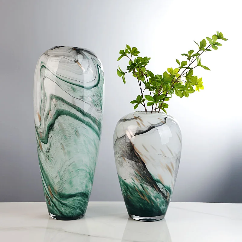 

New Chinese ink art glazed vase living room hydroponic flower arrangement porch TV cabinet light luxury flower ware decorative o