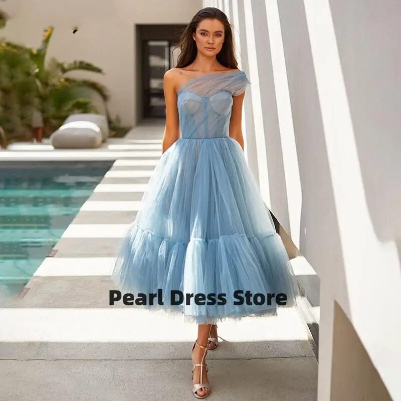 Evening Dress Light Blue One Shoulder Cocktail Party Tulle Dress A-line Prom Dress Women's Party Dress 2023