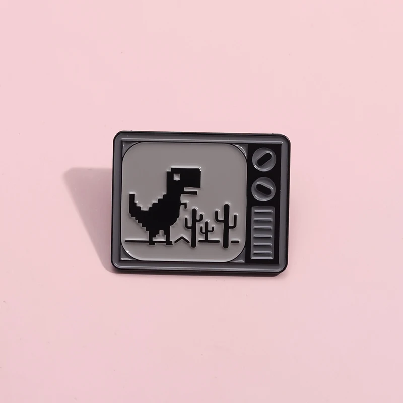 Retro TV Pixel Dinosaur Brooch Enamel Pins Funny Cartoon Badge Decorative Backpack Jacket Lapel Pin Jewelry Gift for Friends