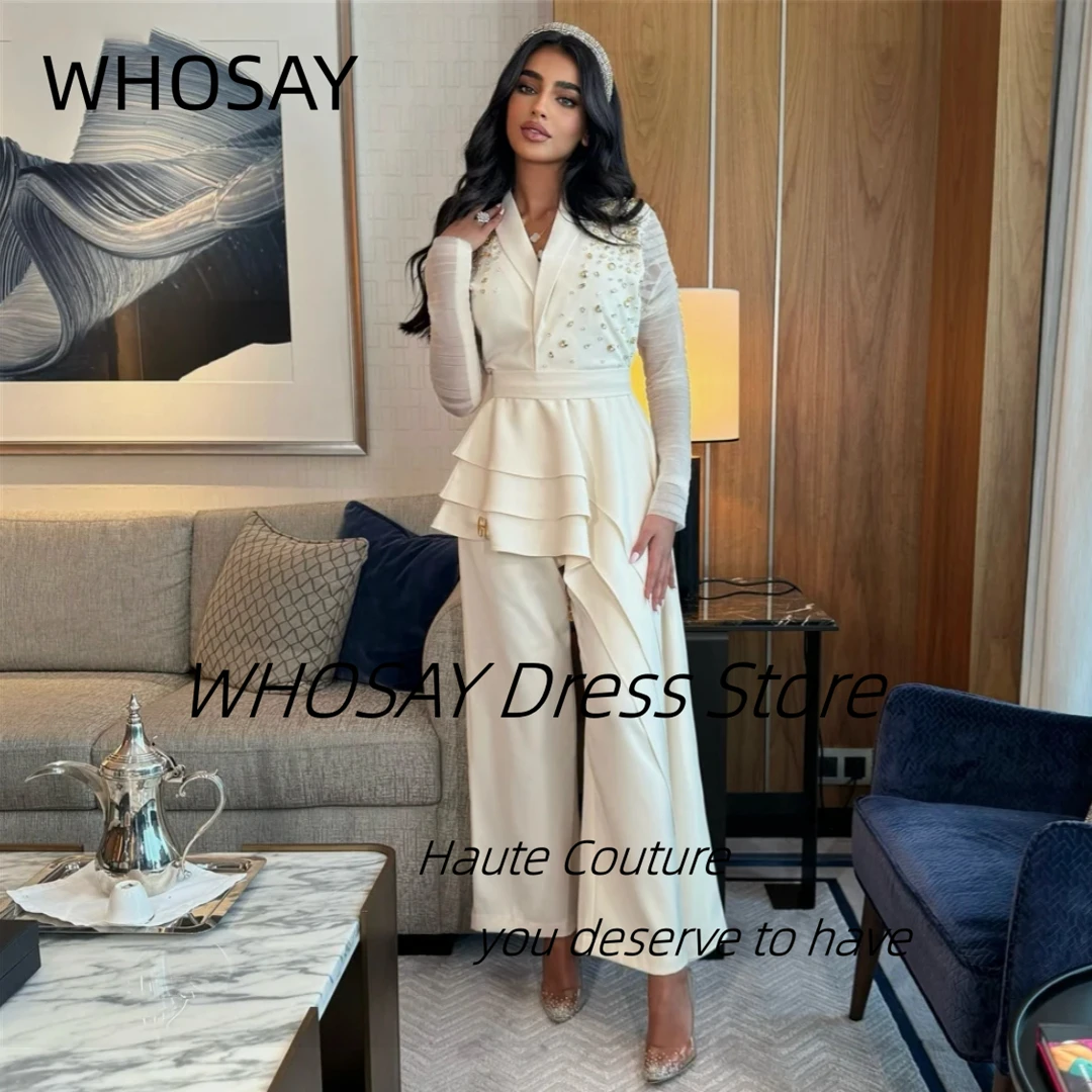 WHOSAY Two Pieces Pant Suits Prom Dresses Lapel V Neck Beaded Long Sleeves Evening Gowns with Peplum Formal Dress Customized