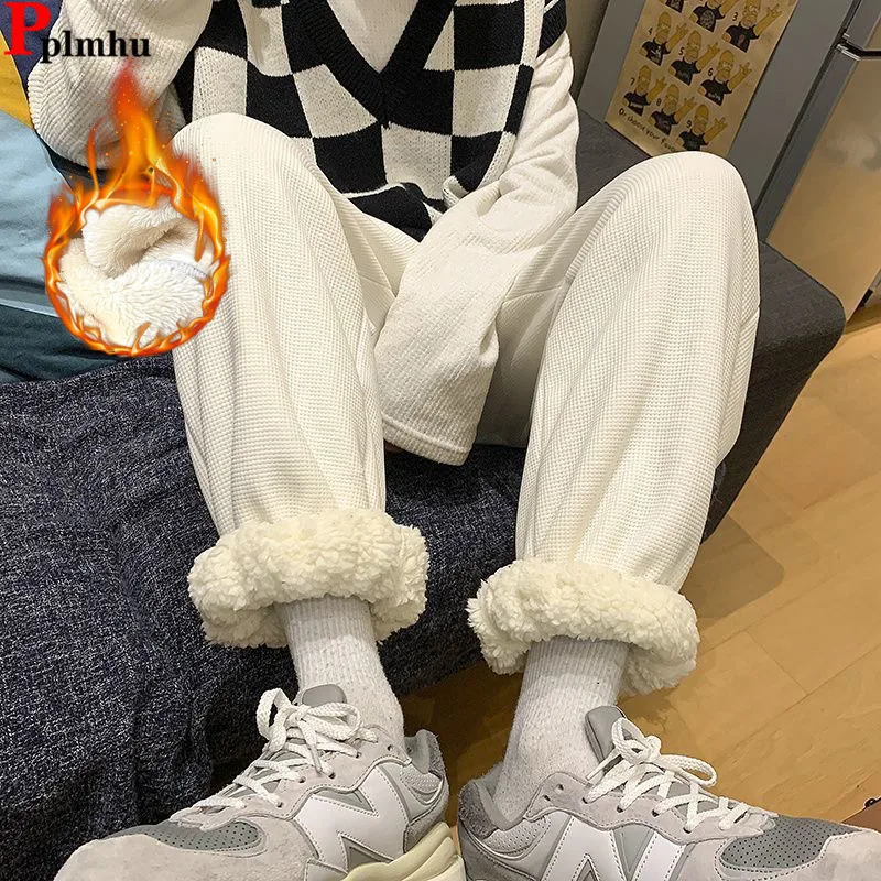 Winter Lambwool Lined Baggy Sweatpants   Lace-up High Waist Ankle Length Casual Jogger Pantalones  Korea Basic New Women Spodnie