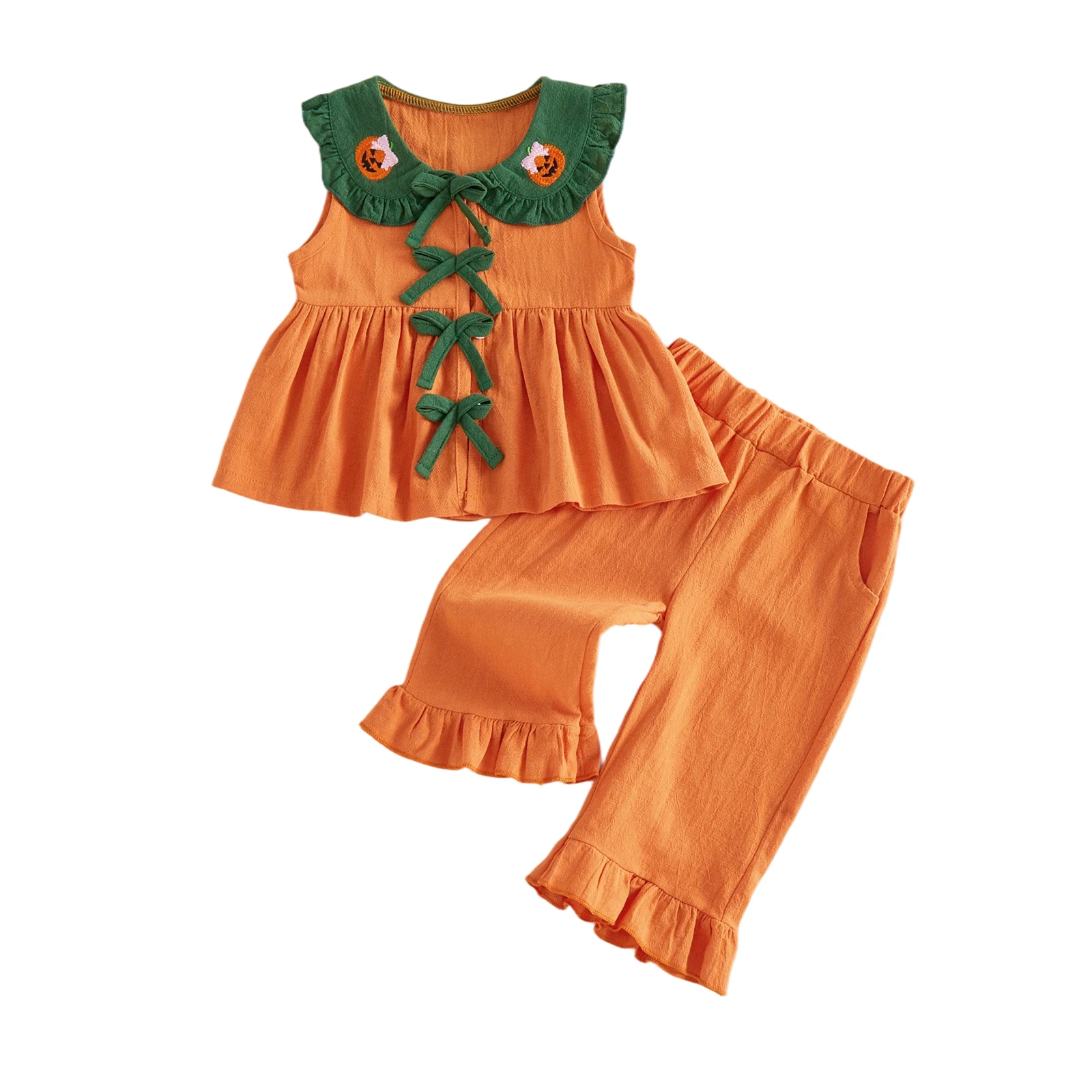 

Kids Girls Halloween Clothes Embroidery Pumpkin Tank Top with Pants Summer 2-piece Outfit
