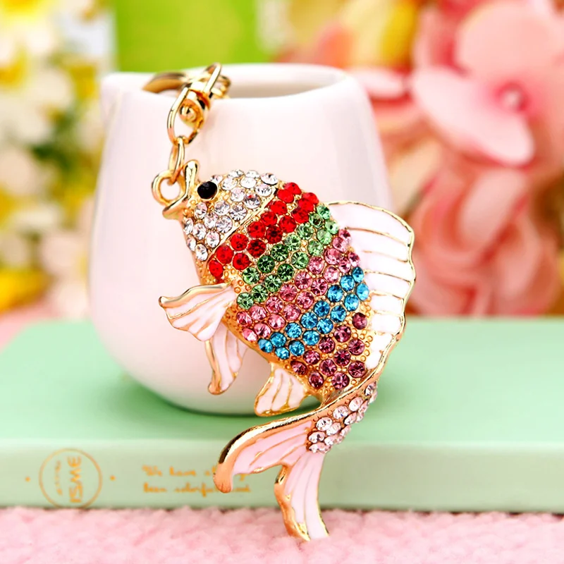 Exquisite Enamel Crystal Fish Key Chains Holder Goldfish Bag Buckle HandBag Pendant For Car Keyrings KeyChains