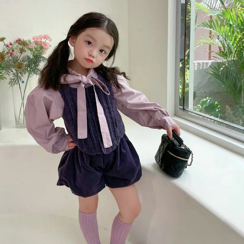 Girls' Suit Long-sleeved Lace-up Lady Shirt Plus Vest Vest Shorts Three-piece Set 25 Spring and Autumn New Models