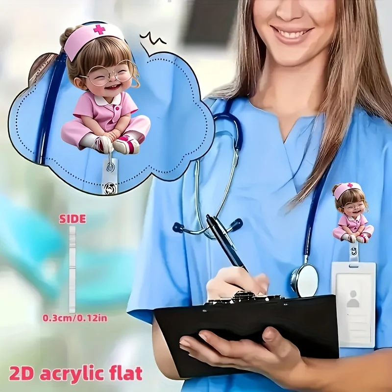 2D Flat, 1pc Cute Nurse Girl with Glasses Pattern Badge Scroll Holder, with Retractable Drawstring, Acrylic Nurse ID Clip