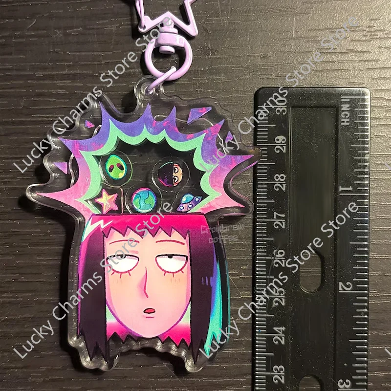 Psychedelic Explosion Hair Anime Character Acrylic Shaker Keychain Alien Planet Shakeable Bag Pendant Collectible Keychain
