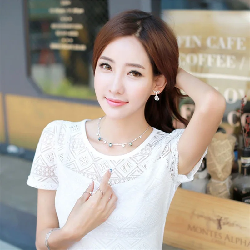 Women's Lace Hollow Embroidery White Elegant Blouse Summer Trendy O Neck Short Sleeve Cotton Shirt Sweet Chic Top Female Blouse