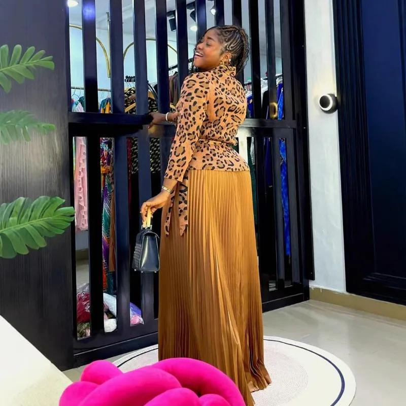 

Large Size Set Miyake Pleated Leopard Print Long Sleeved Lace Up Top+skirt Two-piece Set Ballroom Fashion Elegant Long Skirt Set