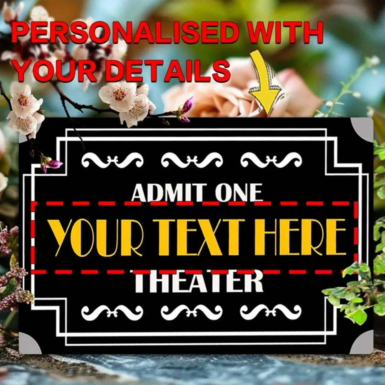 Personalized Custom Theater Ticket Sign, Family Movie Room Decor, Game Space Home Wall Art Ornaments (For Decoration Only)