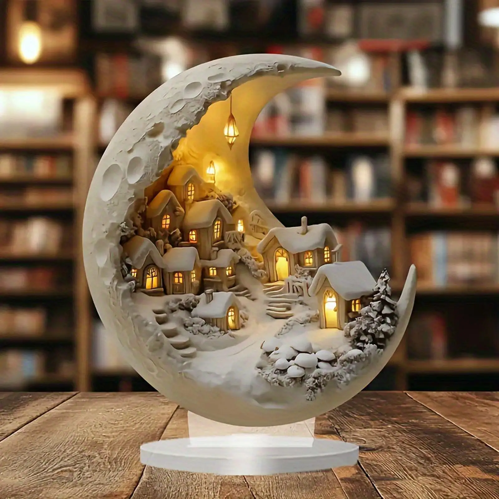 2D Snow House in The Moon Table Sign Holiday Season Decor Decorative Acrylic