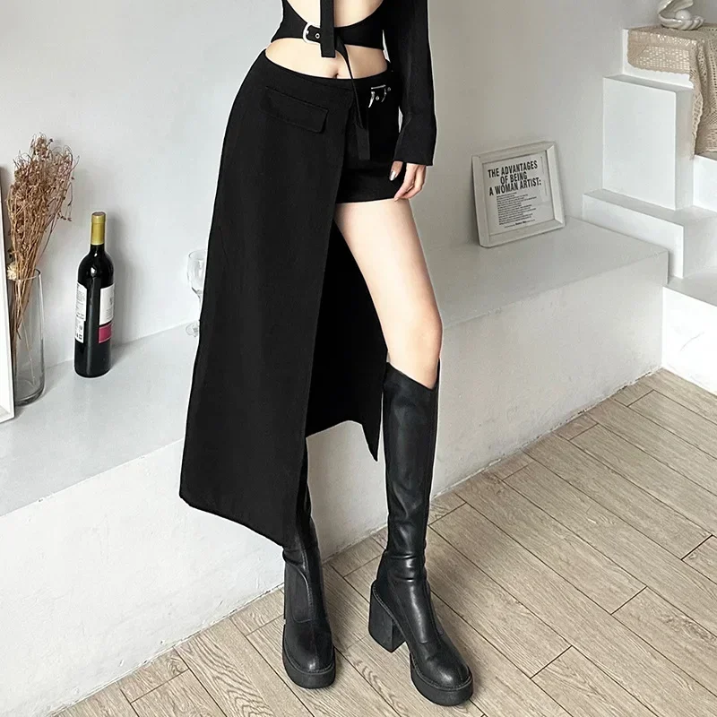 Goth Sexy Mini Skirts Dark Techwear Gothic Patchwork Women Grunge Irregular Hem High Waist Cargo Skirt Hip Hop Black Summer 2024