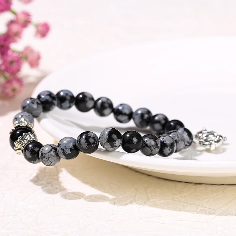 Change Better Natural Snowflake Obsidian Stone Vajra Pestle Charm Bracelets Women Vintage Energy Balance Stretch Bangles Gift