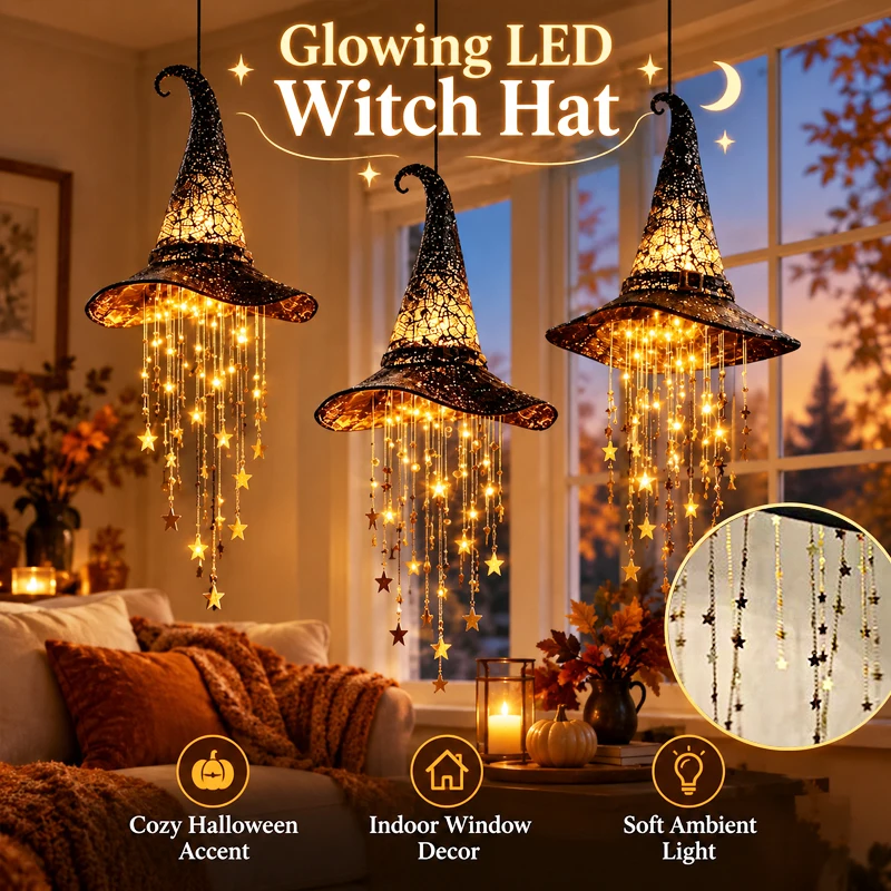 Lighted Witch Hat Hanging Chime, 2026Halloween Party Outdoor Ornament, Glowing Mesh Cascading Stars Tassels, Black Frame