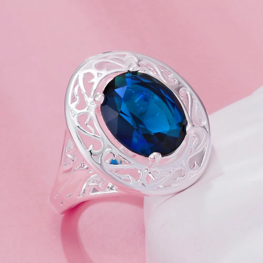 

Hot 925 Sterling Silver charm Blue Crystal Oval rings For Women noble fashion party wedding Accessories Jewelry holiday gifts