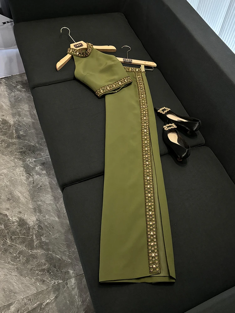 エレ ダイヤモンド装飾ベストトップとロングスリットスカートのツーピースセット（女性用）通勤ファッション中国製