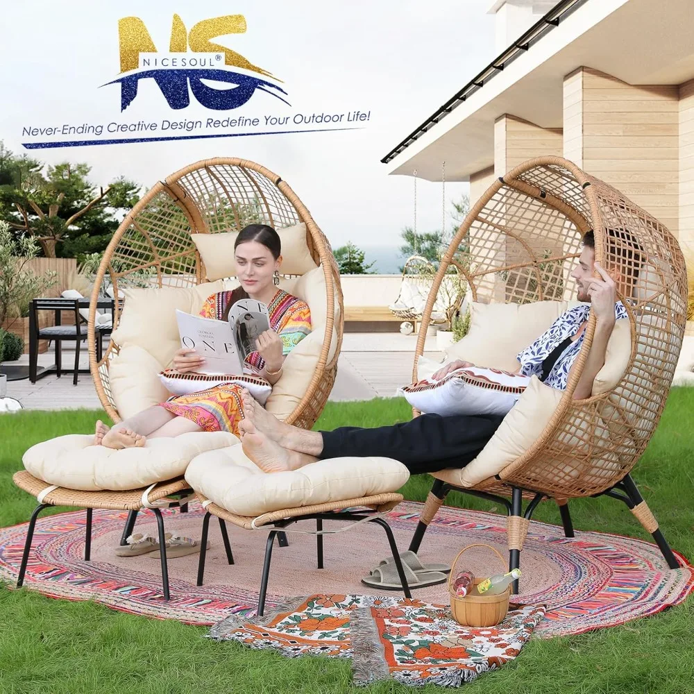 Legs 440lbs Egg Nest Chair with Ottoman, 4 Pieces Boho Chair with Cover Beige