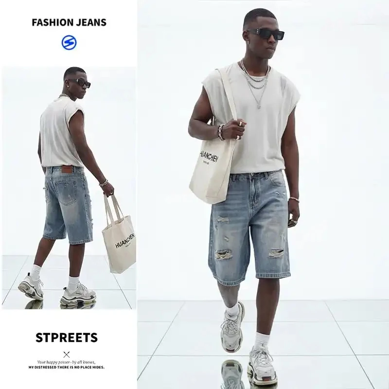 

2026 Summer Men's Straight Denim Shorts, Latest American Style, Loose, Knee-Length, Casual, Streetwear, Breathable Fabric, Daily