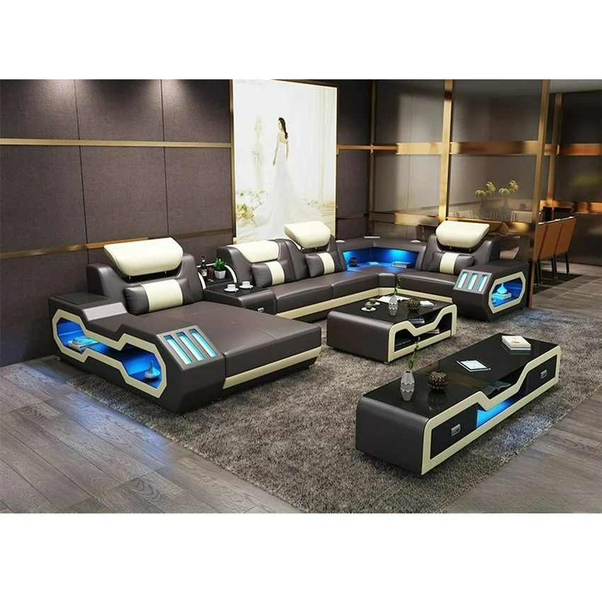 Customizable Modern LED Lighted Sofa Set with Recliner, Adjustable Headrest & Console