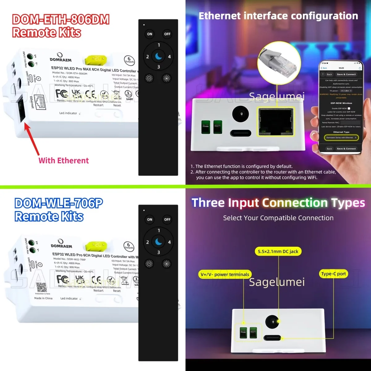 6CH Elite ESP32 WLED LED Strip Light Controller Output Ethernet Microphone UART Energy DIY Dynamic for Digital Addressable RGBIC
