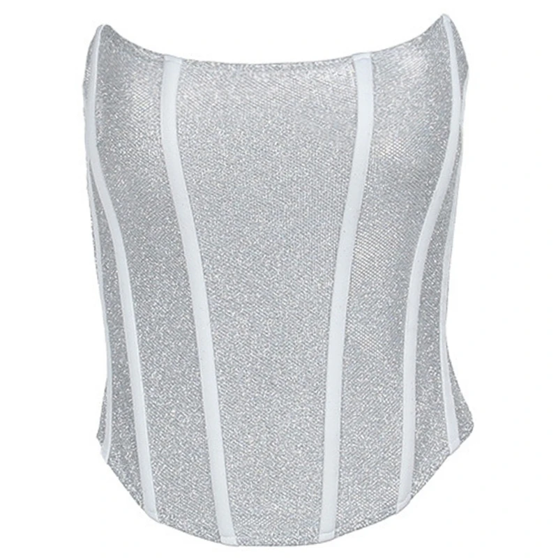 Women Stretchy Strapless Vest Elegant Silver Corset Universal Elastic Rope Decorative Women Corset with Self Tie Rope