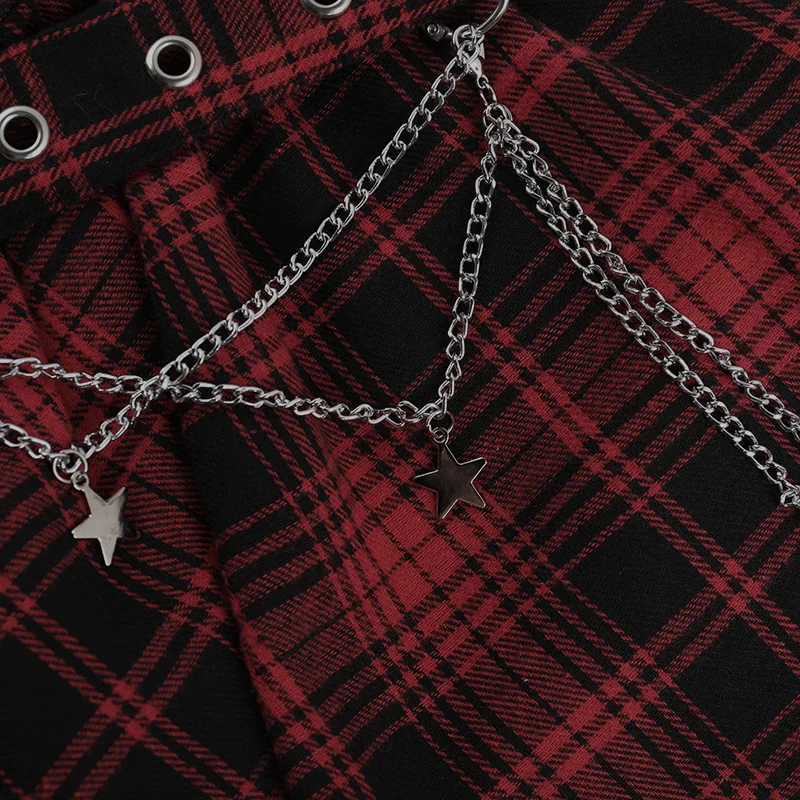 Goth Dark Punk Style Irregular Hem Chain Mini Skirts Harajuku Fashion Plaid Lace Stitch Skirt Mall Gothic Streetwear Bottoms Y2K