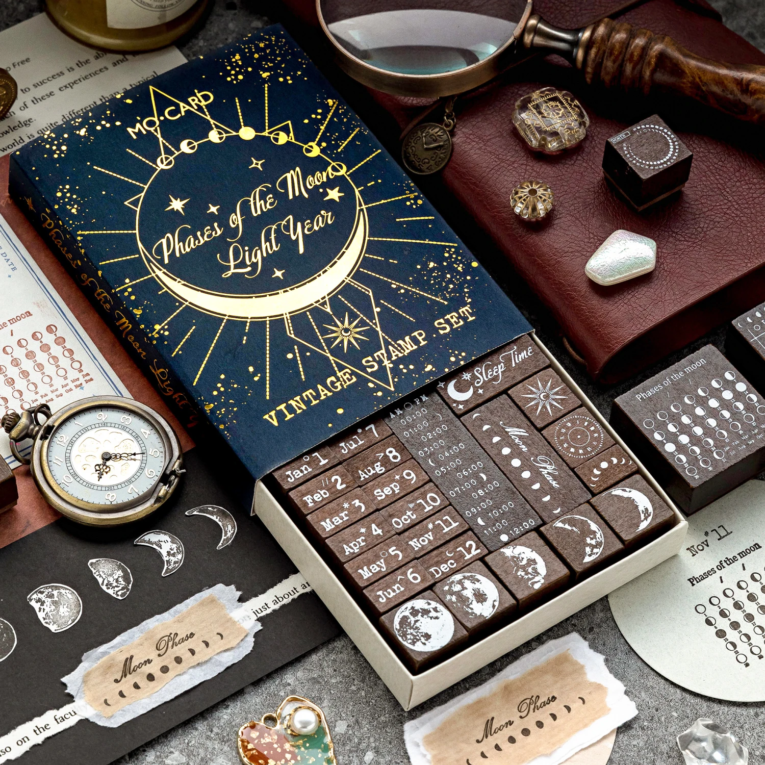 Journal GO 29pcs/set Wooden Rubber Stamp Set Moon Phases Decorative Lunar Phase Stamp Vintage Seal for Journal Scrapbooking