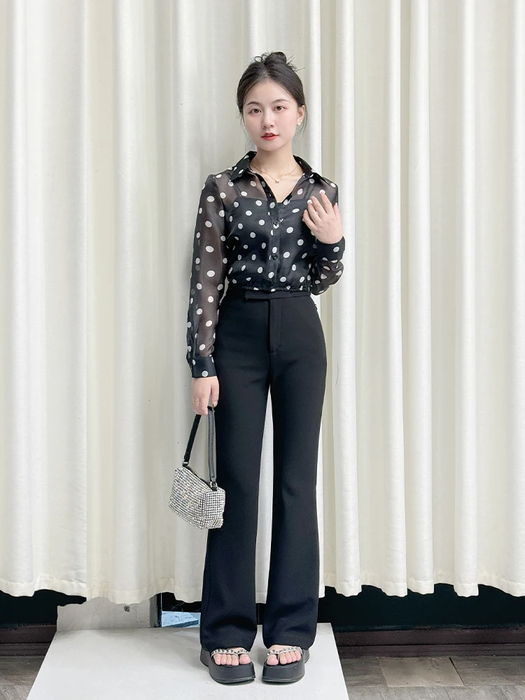 

Bla Polka Dot Ele Design Sense Splice Small Cro Women's irt Commute Sle Straight Tube Polyester Long Sve ...