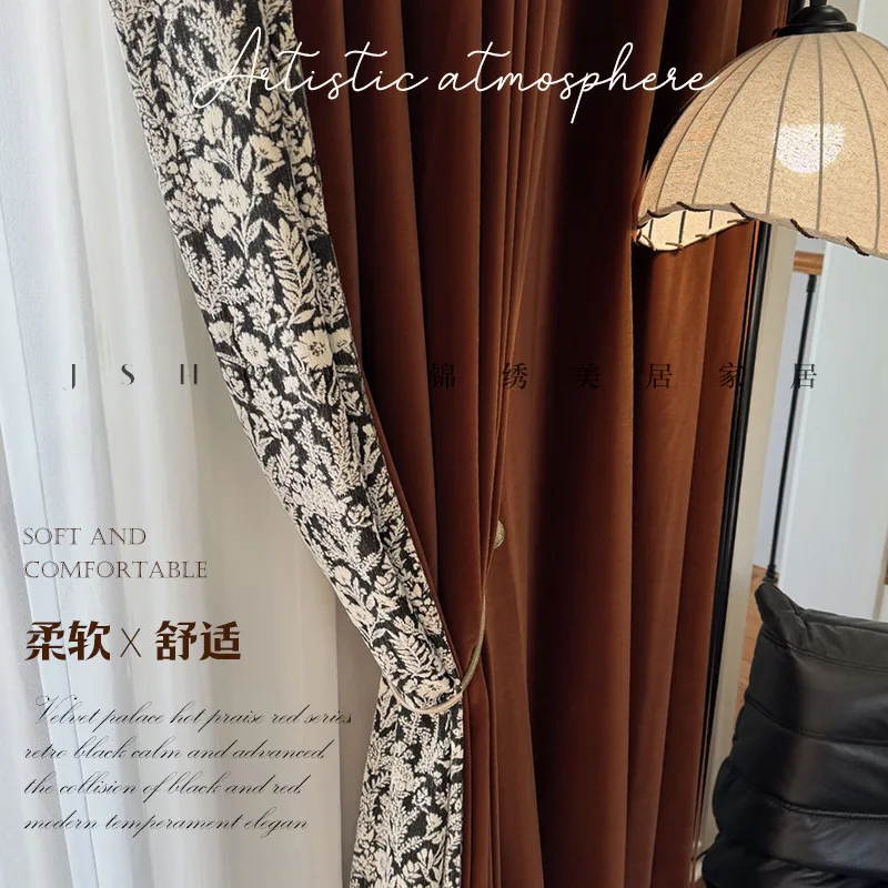High-End French American Retro-Style Australian Curtains for Living Dining Room Bedroom Wool Fleece Black Floral Custom Size