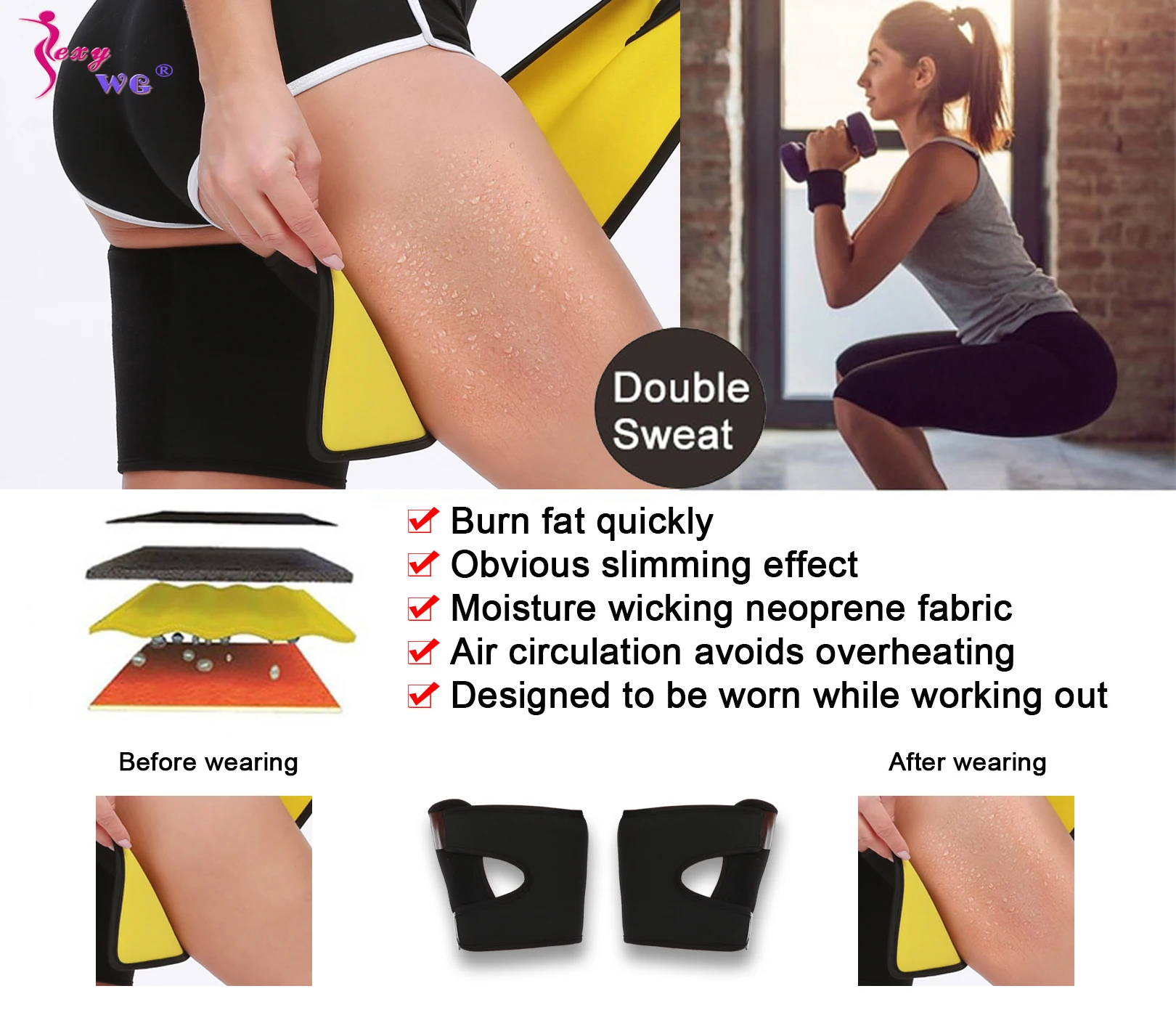 SEXYWG Thigh Trimmer for Women Sweat Wrap Sauna Belt Neoprene Compression Band Sport Brace Slimmer Body Shaper Fitness Exercise