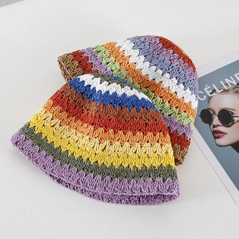 Topi jerami wanita 2024 pelangi musim panas topi ember pelindung matahari topi nelayan tepi lebar perempuan topi Panama wanita topi matahari pantai