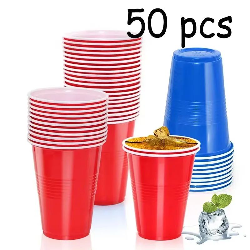 50Pcs Plastic Party Cups 16-Ounce Disposable Water Cups Recyclable Red Blue Cups with Fill Lines for Drinks BBQ Picnic Party