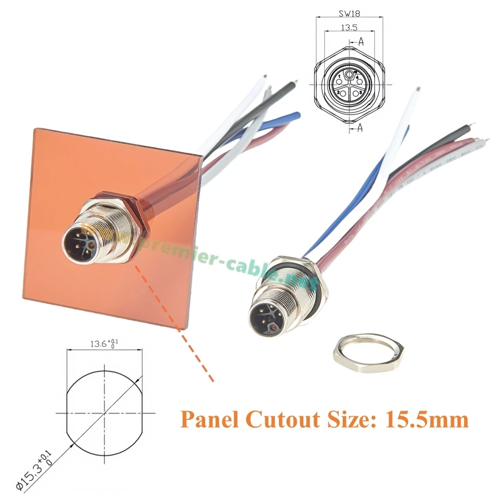 M12 5Pin L Code Thread Flush Panel Front Mount Receptacle Cable IP67 Waterproof Power Connector With Pre-assembled Wires