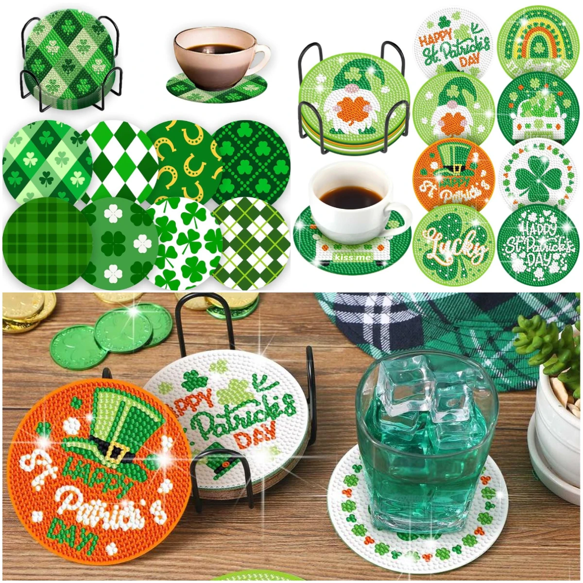 8PCS DIY Diamond Coasters St. Patrick's Day Craft Decoration Handmade Table Decor Placemat