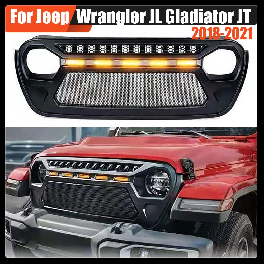 

For Jeep Wrangler JL Gladiator JT 2018-2021 Offroad Style Accessories Metal Mesh Grille With 5 Led Lights Front Bumper Grills