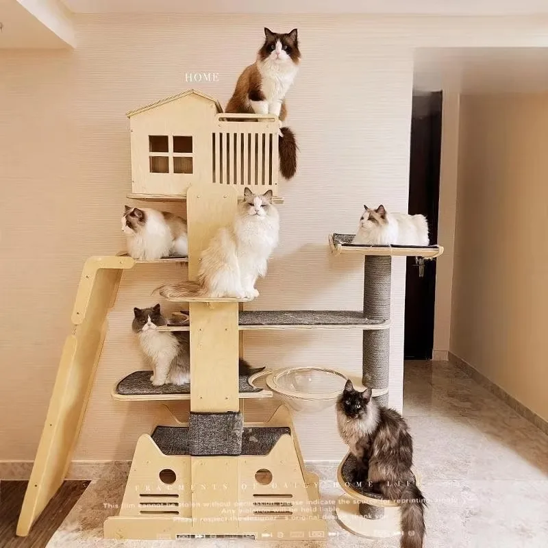 cat scratching post Factory Modern Luxury Eco-Friendly Solid Wood Cat Climbing Frame with Sisal Scratching Board 4 Levels Carton