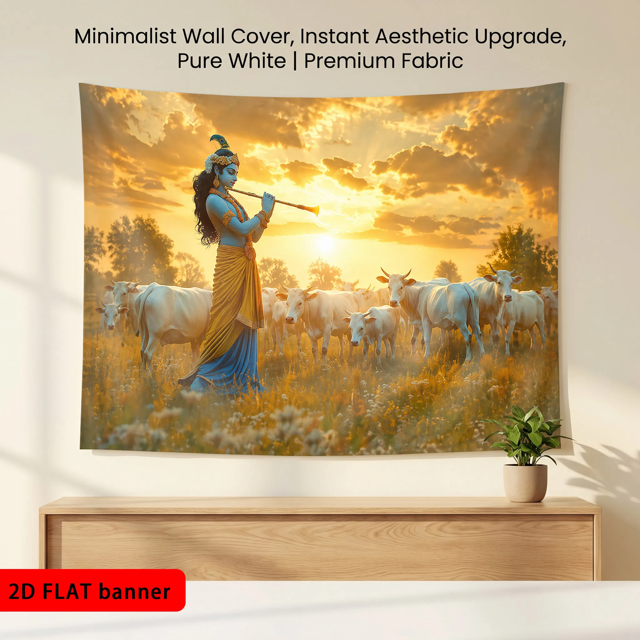 Aesthetic Krishna Wall Tapestry Wall Hanging Lord Krishna Flute Polyester Print Indian Mythology Boho Decor Cow Art Poster for H