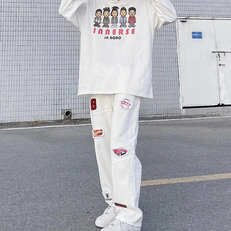 High Street Vintage Jeans with Men's and Women's Embroidery Logo Fashion Trendy Hip Hop Straight Sleeve Loose Pants Y2k