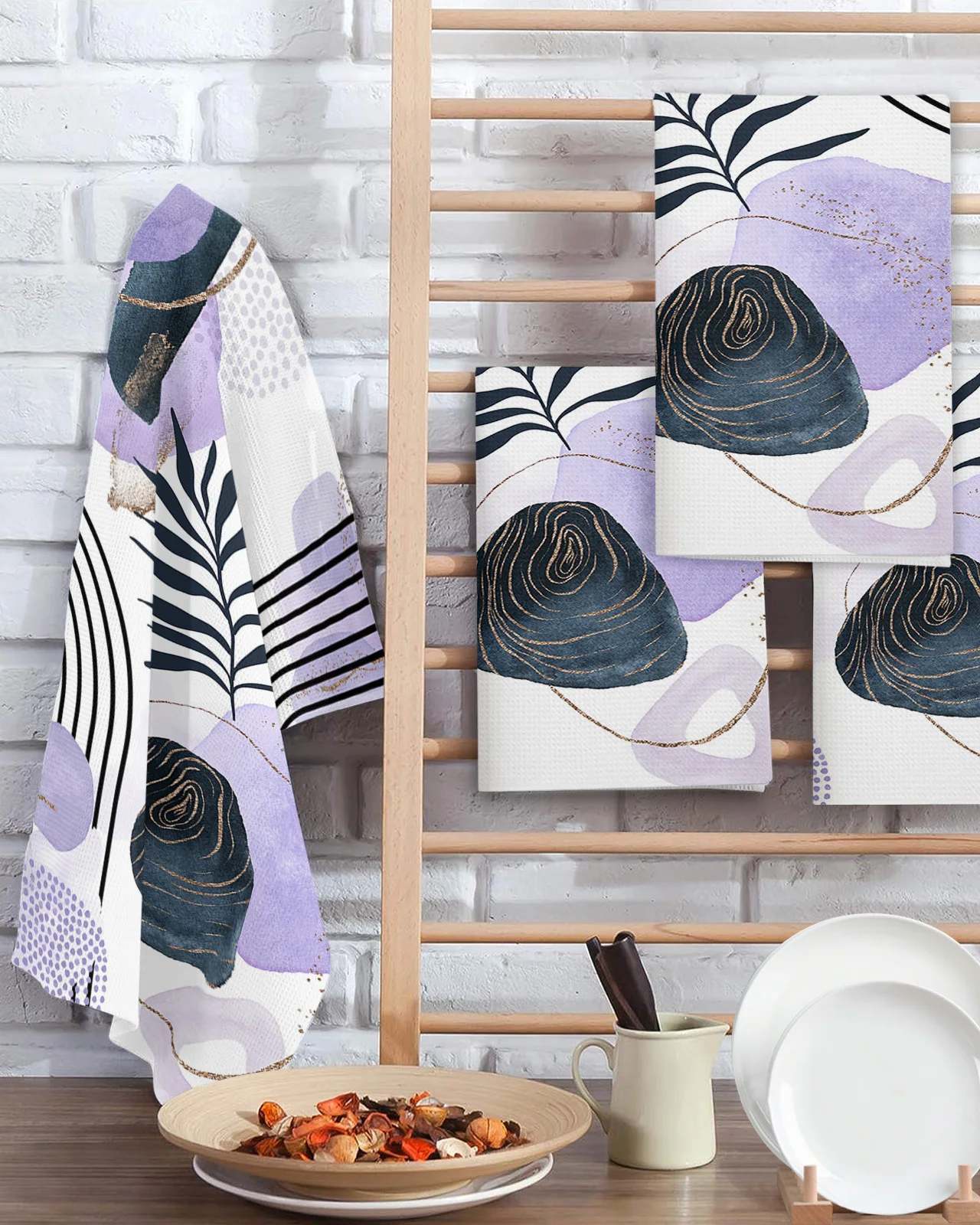 Abstract Boho Purple Leaves 2/3/4PCS Absorbent Rag Kitchen Cleaning Cloth Dish Towels Waffle Microfiber Wipe Duster