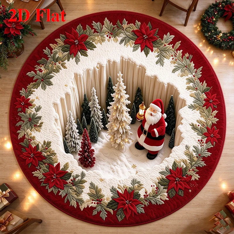 Christmas Santa Claus Round Rug Creative Wreath Snow Scene Christmas Tree Pattern Mat Festive Decor Rug for Living Room Bedroom