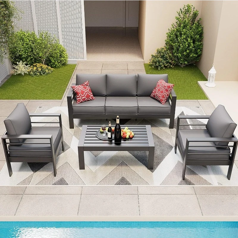 2 Armchair+3-Seat Sofa+TablePatio Furniture Set, 6 Pieces Modern Patio Conversation Sets